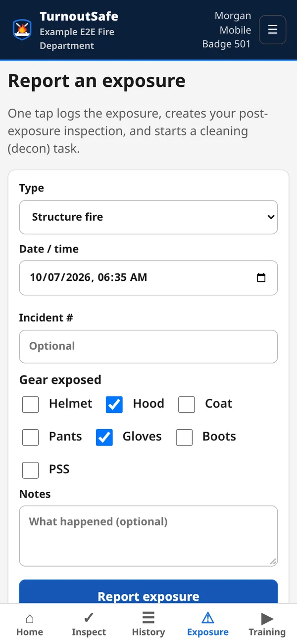 Report an exposure form with gear checkboxes